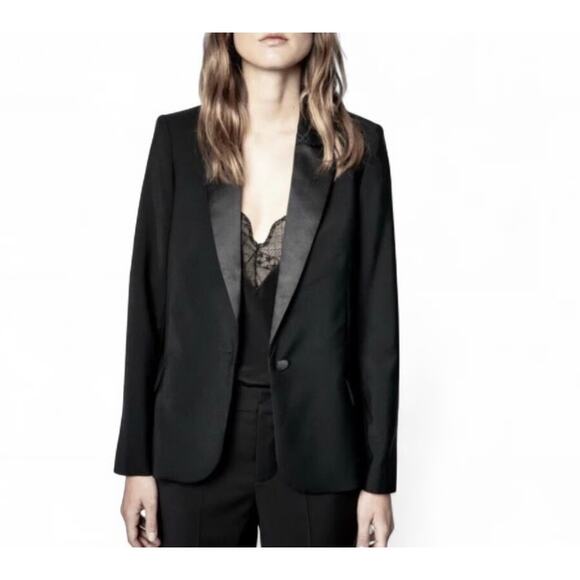 Zadig & Voltaire Victor  Wool Tuxedo Blazer Black Satin Lapel Jacket XS - Picture 1 of 10